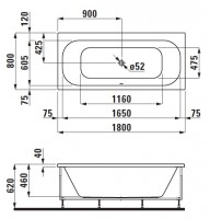 Laufen SOLUTIONS vana 1800x800x620 mm, konstrukce, bílá   H2245010000001